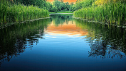 Obraz premium Wetlands with colorful reflections of the sky, surrounded by lush reeds and dragonflies