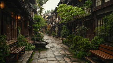 Fototapeta premium Peaceful Old Street Surrounded by Greenery and Historical Charm
