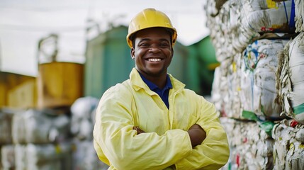 Smiling sanitation worker at recycling facility  
