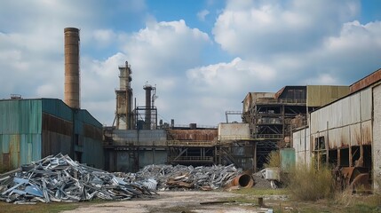 Old abandoned industrial factory with smokestacks  
