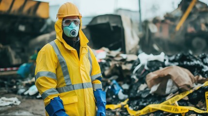 Waste management worker in protective gear at landfill  
