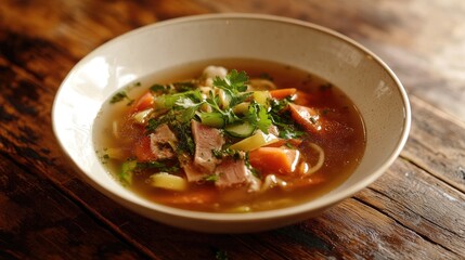 A beautifully plated bowl of noodle soup with clear broth, loaded with vegetables, herbs, and sliced meat, set against a rustic wooden table.