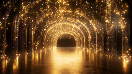 Fototapeta premium Fashion runway stage with golden spotlights and sparkles. Realistic 3d vector illustration of dark empty catwalk podium background. Abstract concert or night show studio corridor interior.