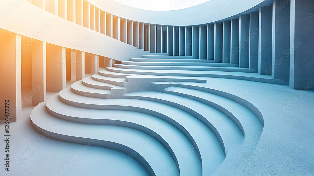 Poster abstract architectural design featuring a curving staircase and modern concrete structure. ideal for
