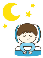 月と星と寝ている男の子のゆるかわイラスト