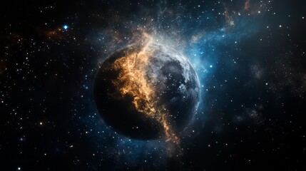 Fototapeta premium A distant galaxy in space, glowing with blue and orange light, surrounded by swirling clouds of gas and dust. The planet is visible as an explosion or collision from the center, with a nebula forming.