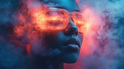 Closeup Portrait of a Woman in Red and Blue Neon Light with Smoke