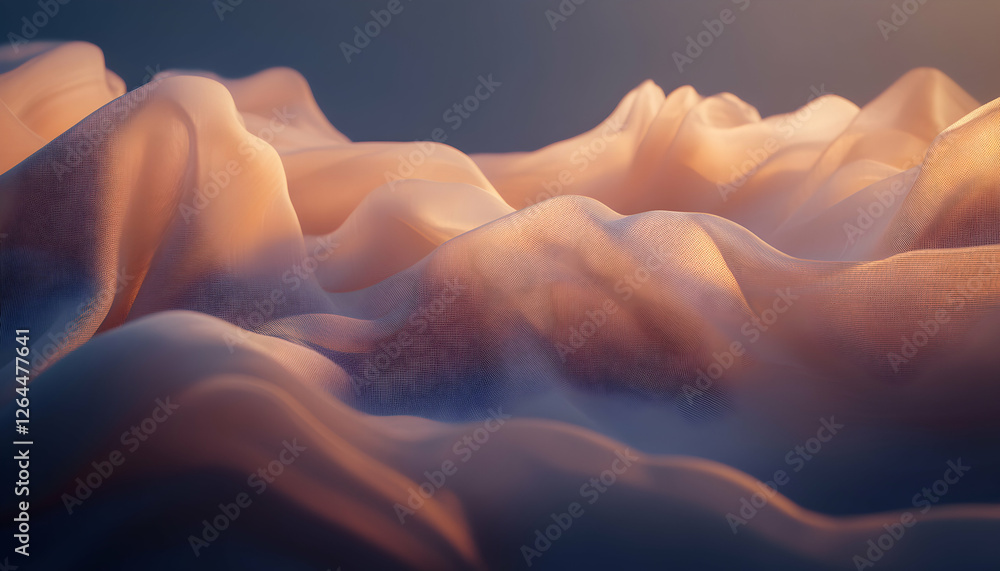 Poster abstract image of draped peach-colored fabric, illuminated by warm light, creating soft, flowing tex