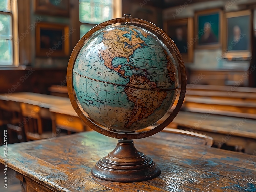 Poster digital globe projecting holograms of future leaders in a classroom symbolizing global impact of edu