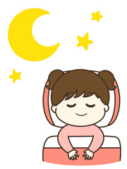 月と星と寝ている女の子のゆるかわイラスト