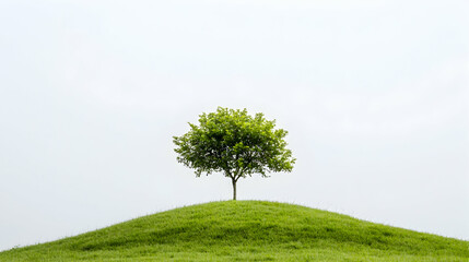 Obraz premium Lone tree on grassy hill, overcast sky; nature, environmental