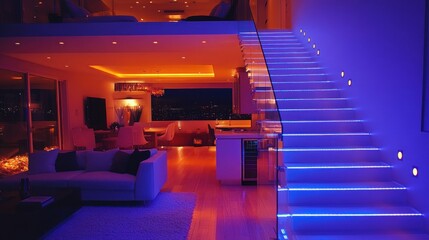 Modern Luxury Home Interior with Illuminated Staircase
