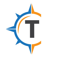 Initial Letter T Ship Logo Concept With Compass Symbol Vector Template