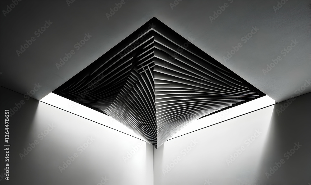 Poster abstract black and white image of a geometric ceiling design with light streaming through an opening