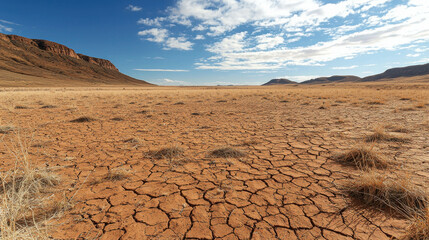 Vast Desert Plain with Endless Stretches of Dry Cracked Earth Under a Blue Sky