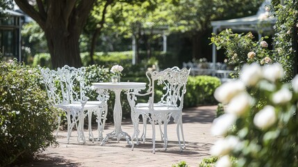 English-style garden caf with white wrought iron chairs and rose bushes