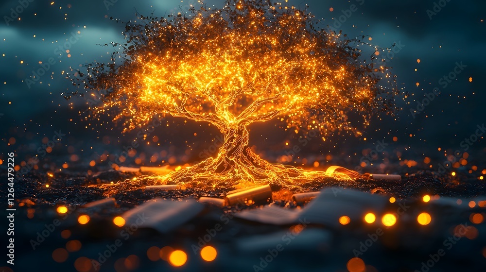 Poster glowing neuron tree intertwining with ancient scrolls symbolic evolution of knowledge