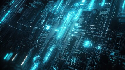Obraz premium Abstract tech banner with circuit board patterns and glowing blue light effects, [banner], [futuristic and digital design].
