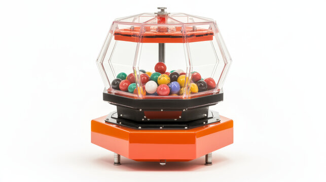 Lottery drums with raffle paper tickets, balls and empty lucky wheel side view. Plastic rotate tote of hexagon shape isolated on white background, transparent sweepstake. Realistic 3d vector sweep set