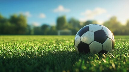 Fototapeta premium A close-up of a football resting on a grassy field, with detailed stitching and texture visible, ready for a game under a bright, sunny sky.