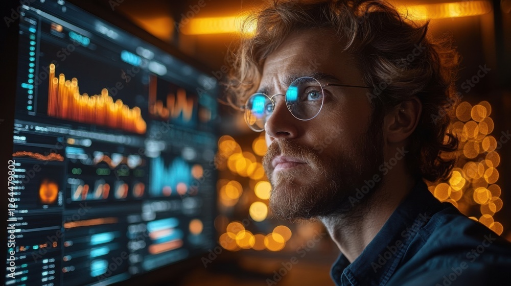 Poster focused man analyzing data on a computer screen at night