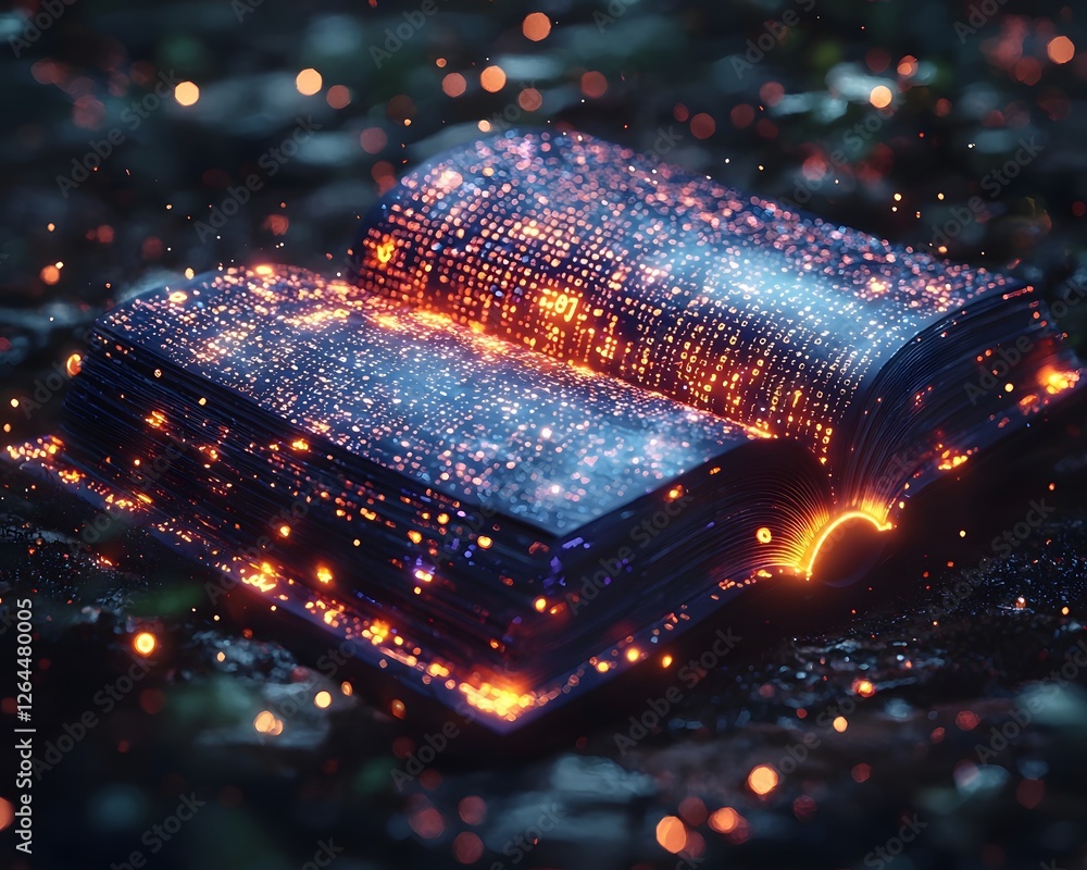 Poster surreal fusion of glowing books and binary code forming holographic sphere of knowledge