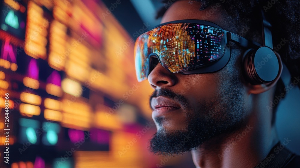 Poster focused man wearing virtual reality headset with colorful data display in the background