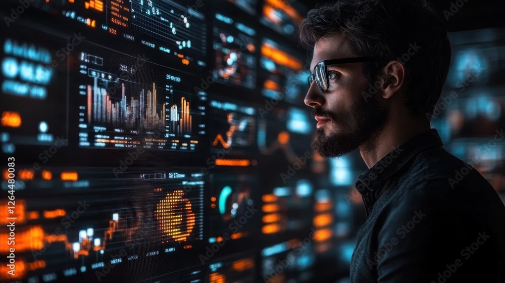 Poster focused man analyzing data on a large screen filled with charts and graphs