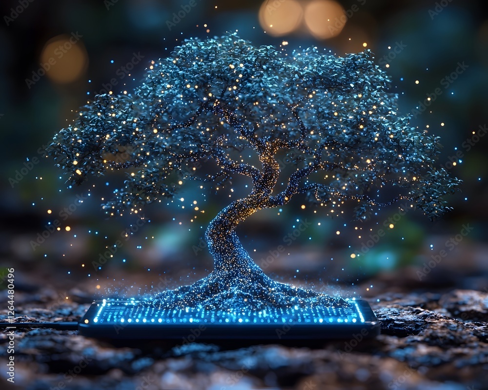 Poster glowing data tree sprouting from digital device symbolizing knowledge spread through technology
