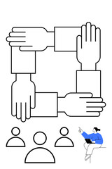 Interconnected hands in square shape symbolizing teamwork, with figures discussing ideas. Ideal for collaboration, inclusivity, partnership, strategy, connection, teamwork, abstract line flat