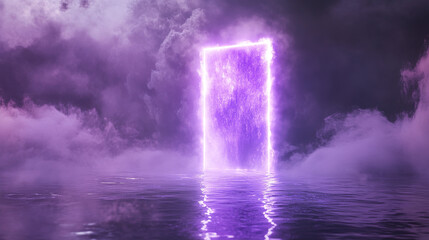 Neon rectangle frame with smoke on water surface. Rectangular glowing border with magic light among soft clouds. Purple portal with bright sparkles and flares Realistic abstract 3d vector background