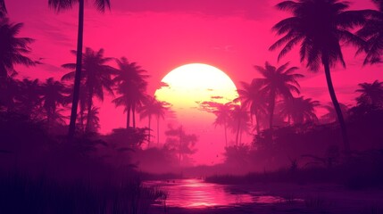Vibrant Pink Sunset Tropical Paradise Palm Trees Silhouette Scenic Vista