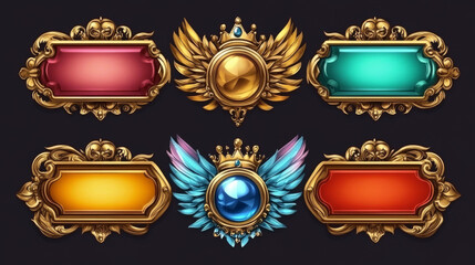Gold fantasy game button set with crown and wings cartoon vector. Medieval golden title border in yellow, blue and red for vintage royal menu app interface. Isolated blank ornate panel illustration