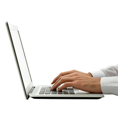 hands on keyboard with laptop isolated on transparent background, businessman with laptop  