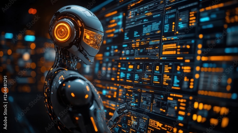 Poster futuristic robot interacting with a glowing digital interface