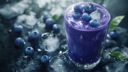 Fresh blueberry shake with ice. On a stone background.