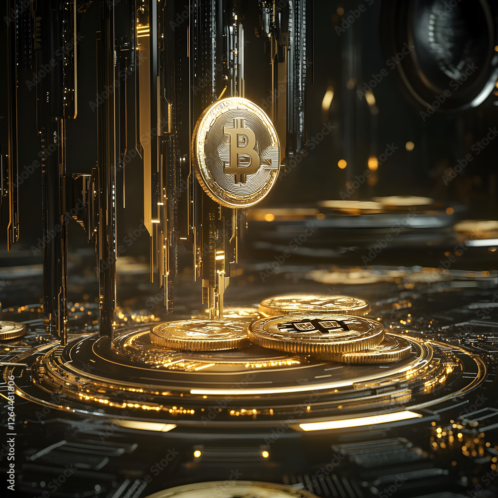 Poster bitcoin in the digital realm: a conceptual art piece, highlighting bitcoin as a symbol of the future