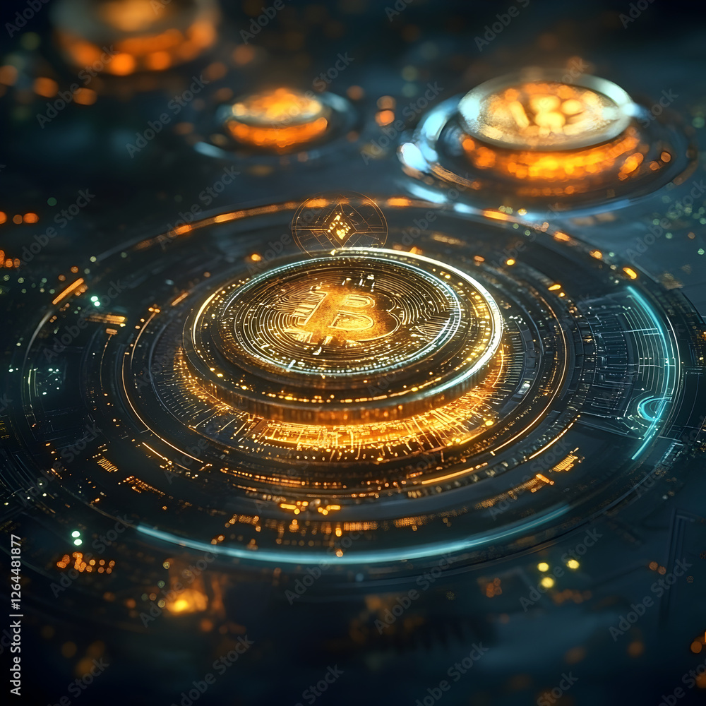 Poster digital gold: a mesmerizing view of the digital bitcoin world. the intricate circuits of bitcoin tec
