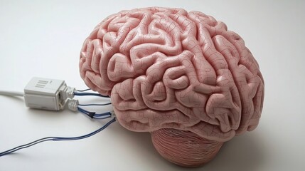 Realistic model of a human brain connected to a device, showcasing neural connections and technology