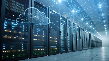 AI-optimized cloud data storage network with floating encrypted servers, interconnected data points, and high-speed processing units for seamless business data management  