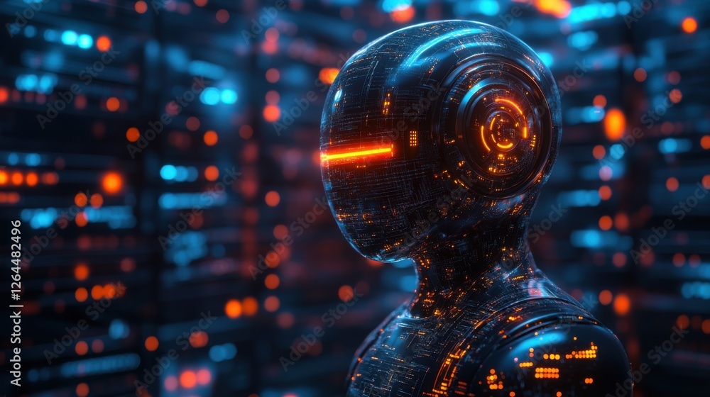 Poster glowing robot in a digital network
