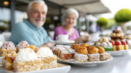 Delightful pastries and desserts on table with happy seniors enjoying their time together