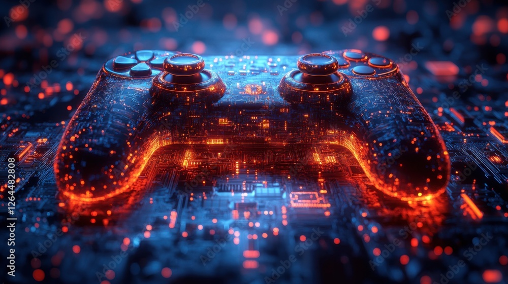 Poster glowing video game controller on circuit board