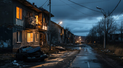 Ghetto street at night, slum ruined abandoned old buildings with glowing windows. Dilapidated dwellings stand on roadside with street lamps, car body and scatter litter cartoon vector illustration