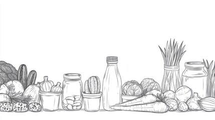 Hand-drawn illustration of various vegetables and jars arranged on a table, showcasing freshness