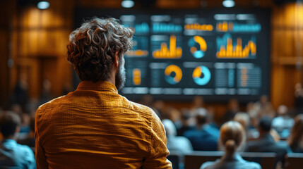 Fototapeta premium Job market infographic projected on a screen, with a speaker presenting trends to a corporate audience