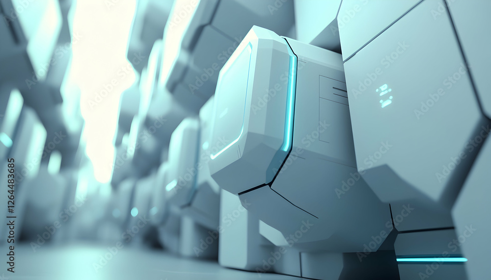 Poster futuristic white geometric structures with glowing teal accents, creating a modern and technological
