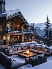 Luxurious ski chalet features outdoor fire pit and mountain views