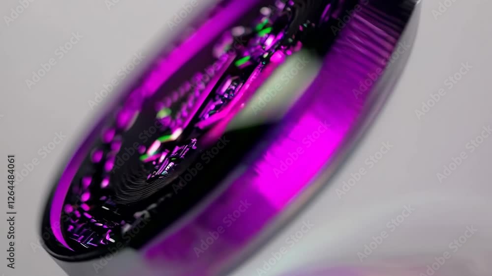 Poster close-up of a golden bitcoin coin resting on a reflective neon surface