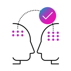 Two heads with connecting lines icon. Comprehension, knowledge sharing, collaboration, teamwork, and mutual understanding. Vector illustration.